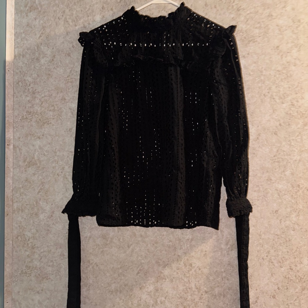 Madewell Black Eyelet Lace Ruffle Mock Neck Tie Back Blouse XS Long Sleeve Top